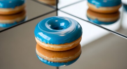 A striking donut with a glossy blue glaze and white marbling, artfully displayed on a mirrored surface, creating a modern and visually captivating dessert presentation with reflections.

