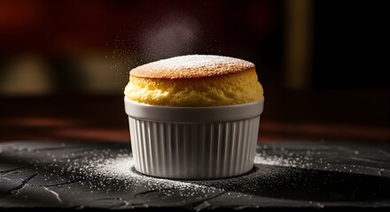 A perfectly risen golden soufflé dusted with powdered sugar, served in a white ramekin, dramatically lit to highlight its airy texture and elegant simplicity, ideal for a refined dessert experience.

