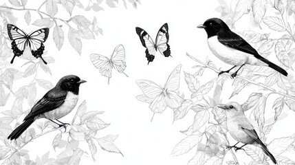 Black and white illustration of birds and butterflies among leaves, showcasing nature beauty and tranquility