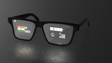 Augmented reality smart glasses showing India’s BSE Sensex live chart, blending technology and finance for a modern stock market visualization experience. - Powered by Adobe