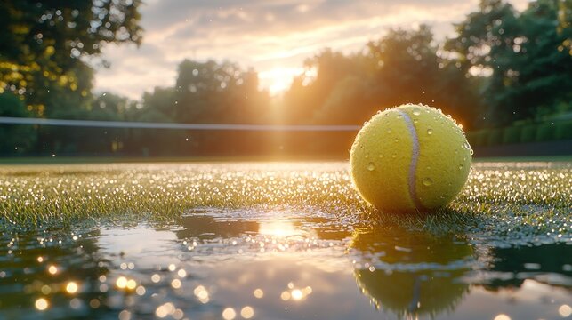 Golden hour sun illuminates a wet tennis ball on a court, water droplets glisten