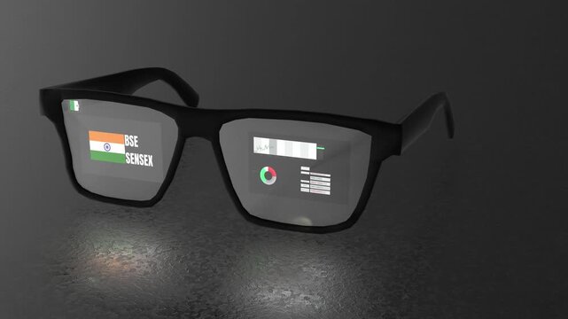 Augmented reality smart glasses showing India&rsquo;s BSE Sensex live chart, blending technology and finance for a modern stock market visualization experience.