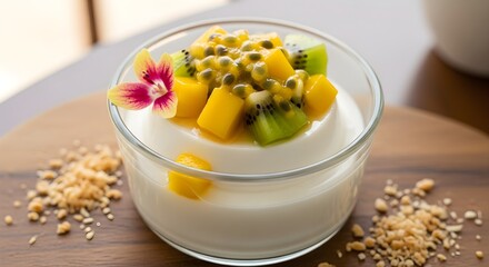 A bowl of silky panna cotta topped with fresh mango, kiwi, passion fruit, and a decorative edible flower, surrounded by crushed nuts, offering a refreshing and vibrant tropical dessert experience.

