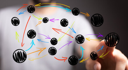 A human hand interacts with a digital network, showing interconnected nodes and colorful arrows representing data flow, strategy, or complex bus