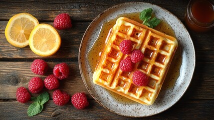 Golden waffle with raspberries, dripping syrup, and mint sprig on a rustic wooden table