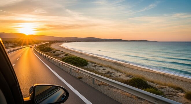 Golden sunset illuminates a coastal highway, beach, and ocean from a moving car