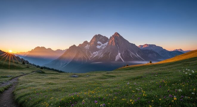 Golden sunrise illuminates majestic snow-capped mountains above a winding meadow path