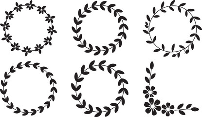 Six black floral and leaf decorative borders and frames on white background flower