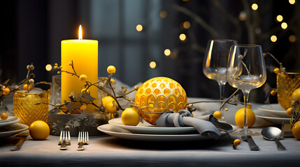 "Yellow and gray Christmas table setting with candle and golden ornaments – modern holiday decor in warm cozy tones. Modern holiday composition creating a cozy winter atmosphere and elegant mood