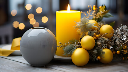 Cozy winter holiday composition with candlelight and yellow-gray decorations.
Minimalist Christmas still life with burning candle and modern decor