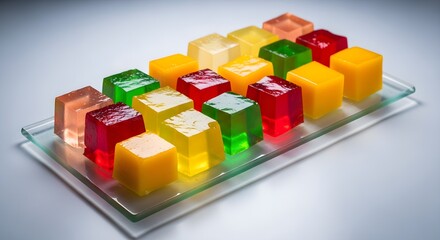 A vibrant assortment of colorful jelly cubes in yellow, red, green, and clear hues, neatly arranged on a glass platter, creating a playful and eye-catching dessert perfect for parties and celebrations