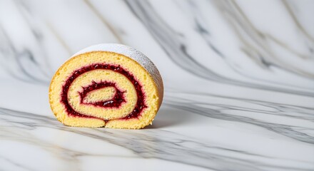 A classic Swiss roll cake slice with a golden sponge and vibrant red jam swirl, dusted with powdered sugar, elegantly displayed on a marble surface for a delicious and nostalgic dessert presentation.
