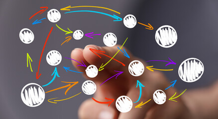 Abstract digital network illustration with a human hand connecting data points, representing complex information flow, communication, and strate