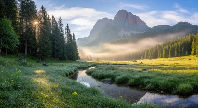 Golden sunrise rays illuminate a misty mountain valley, winding river, and green forests