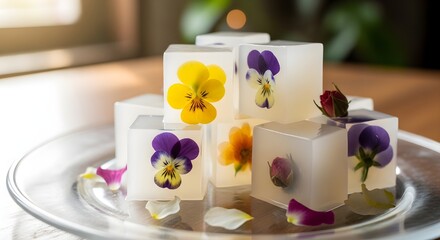 A plate of elegant, transparent jelly cubes each encasing edible flowers, artfully arranged with flower petals for a visually stunning and delicate dessert perfect for special occasions.

