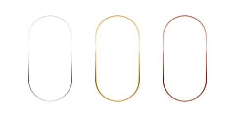 Gold, silver and bronze oval frames. Vertical thin metal ellipse photo or picture frames isolated on transparent background. Simple object mockup. 3d abstract empty template vector illustration set.