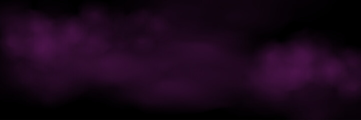 Purple fog or smoke cloud on black background. Realistic smoke effect vector illustration. Gas cloud, smoky mist, toxic vapor, meteorological phenomenon, condensation over land or water surface.