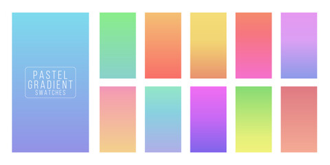 Fototapeta premium Pastel gradient swatches set. Soft color transitions in pink, peach, blue, green, and lavender tones. Collection of smooth vertical gradients for design, UI, or background. Vector illustration.