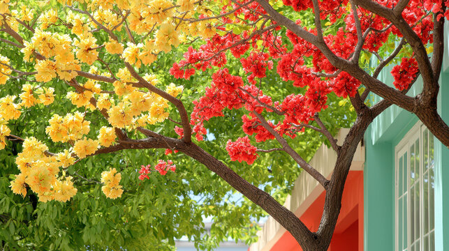 Vibrant tree branches with yellow and red flowers against colorful building backdrop, creating cheerful atmosphere - Powered by Adobe