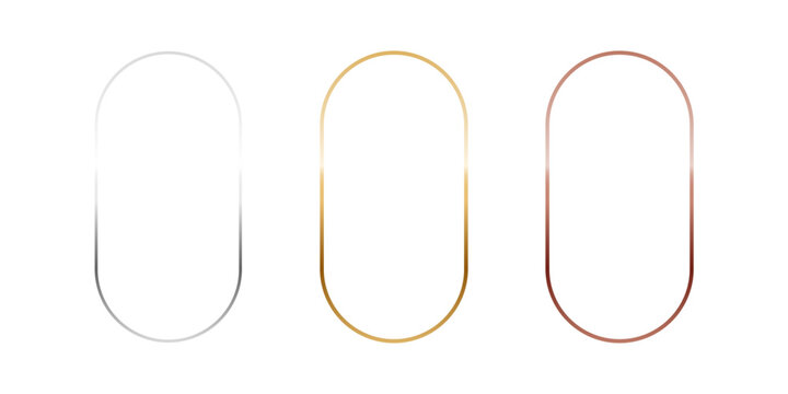 Gold, silver and bronze oval frames. Vertical thin metal ellipse photo or picture frames isolated on transparent background. Simple object mockup. 3d abstract empty template vector illustration set.