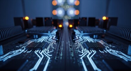 Intricate electronic circuit board, glowing blue pathways, orange lights in background
