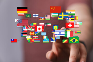 Conceptual image featuring diverse flags linked to represent worldwide communication, connections,...