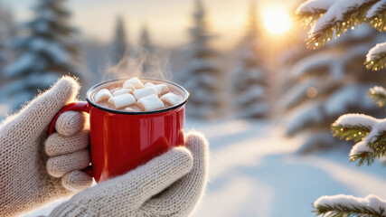 Christmas morning warmth with hot chocolate and marshmallows in red mug held by gloved hands outdoors in snowy winter forest scene.