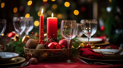 Cozy holiday table arrangement with burning candle and wine glasses