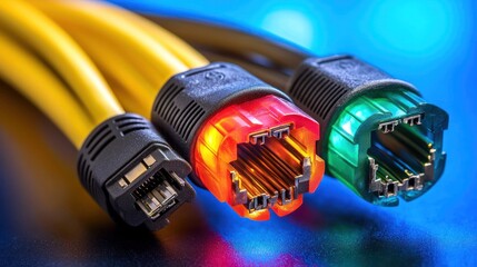 Industrial Ethernet cables three colorful, glowing connectors on a blue backdrop