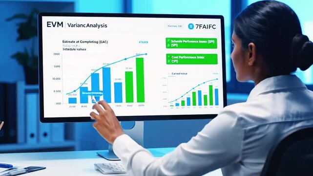 A person analyzes financial data displayed on a computer screen, reviewing charts & graphs