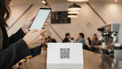 Woman scanning QR code with smartphone for contactless payment in a modern cafe.