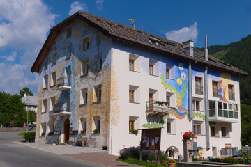 Characteristic building in Val Müstair (German: Münstertal, Italian: Val Monastero), Canton Graubünden, Switzerland