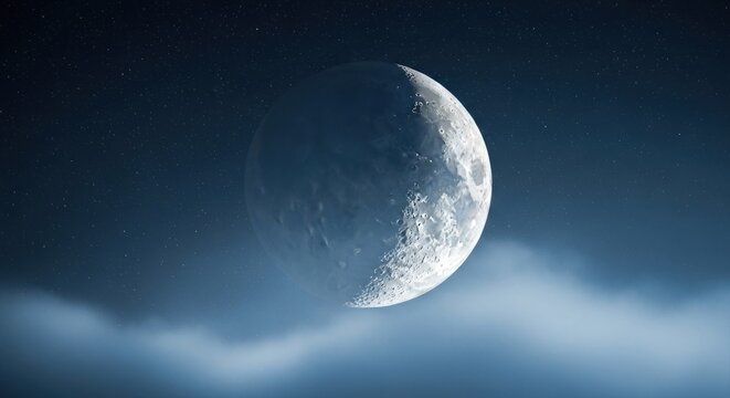 Large textured moon illuminates starry night sky, with wisps of atmospheric clouds below
