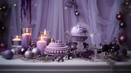 Minimalist purple holiday still life with candles and Christmas ornaments – elegant winter design