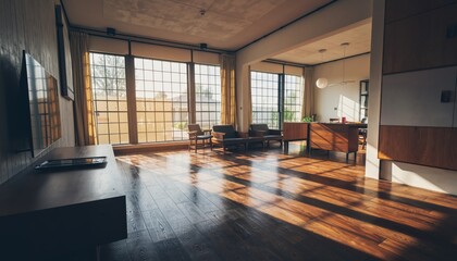 Modern living room with large windows