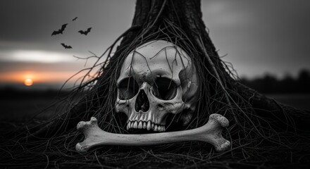 Macabre skull and bone under gnarled tree roots, bats fly against a sunset sky