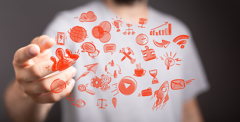 Hand holding digital icons: strategy, teamwork, innovation, success, planning, growth,...