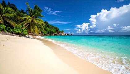 Tropical Paradise - White Sand Beach and Azure Waters in Seychelles.