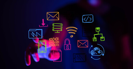 Hand interacts with digital icons,network, data, connection, technology, innovation, future, communication, security, cloud, internet,  p