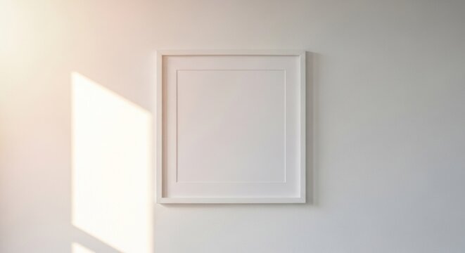 Minimalist empty white frame with mat board on clean wall, bathed in sunlight