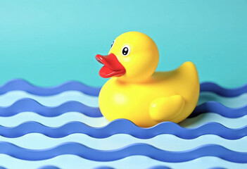 A yellow rubber duck on blue and white striped waves
