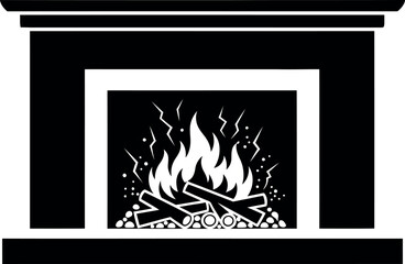 Classic black and white silhouette of a fireplace with burning flames and logs