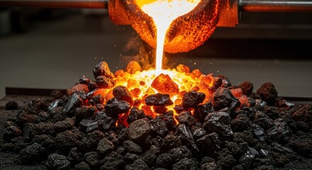Molten metal pours from a glowing crucible onto a pile of red-hot ore