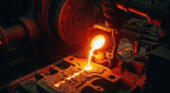 Molten orange metal pours into a complex dark mold in a glowing industrial foundry