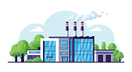 Naklejka premium Modern industrial factory building with tall smokestacks emitting smoke, surrounded by green trees, depicting manufacturing and environmental impact.