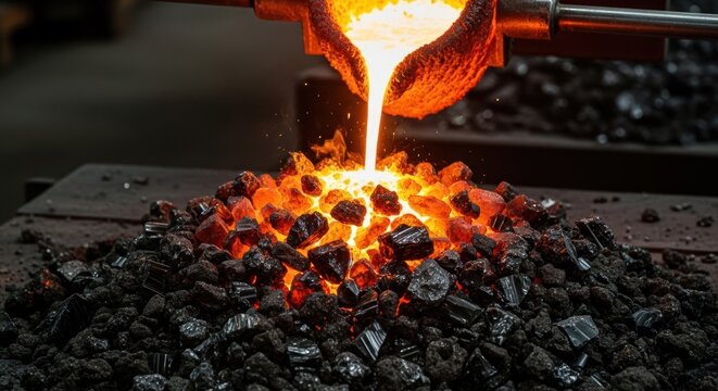 Molten metal pouring from a crucible onto intensely glowing embers and dark coals