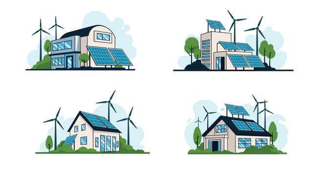 Modern homes utilizing renewable energy sources like solar panels and wind turbines, illustrating sustainable and eco-friendly living.