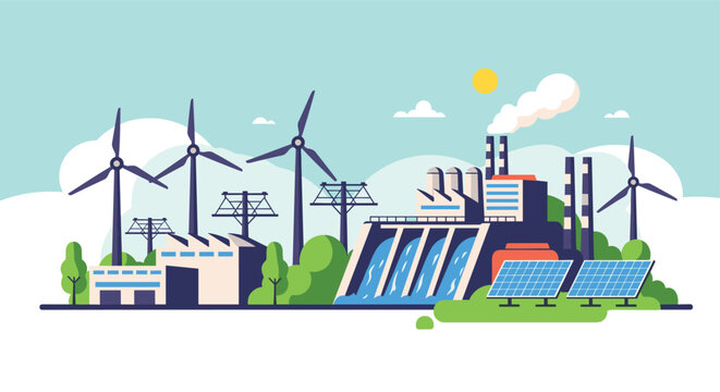 Diverse energy landscape showcasing various power generation methods, from clean renewable sources like wind, hydro, and solar to traditional industrial facilities.