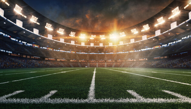 Wide-Angle View from the Center of an Empty Football Stadium at Sunset.