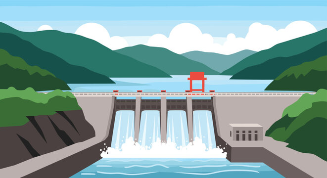 A large hydroelectric dam releasing water through its spillways, set against a backdrop of green mountains and a clear sky.